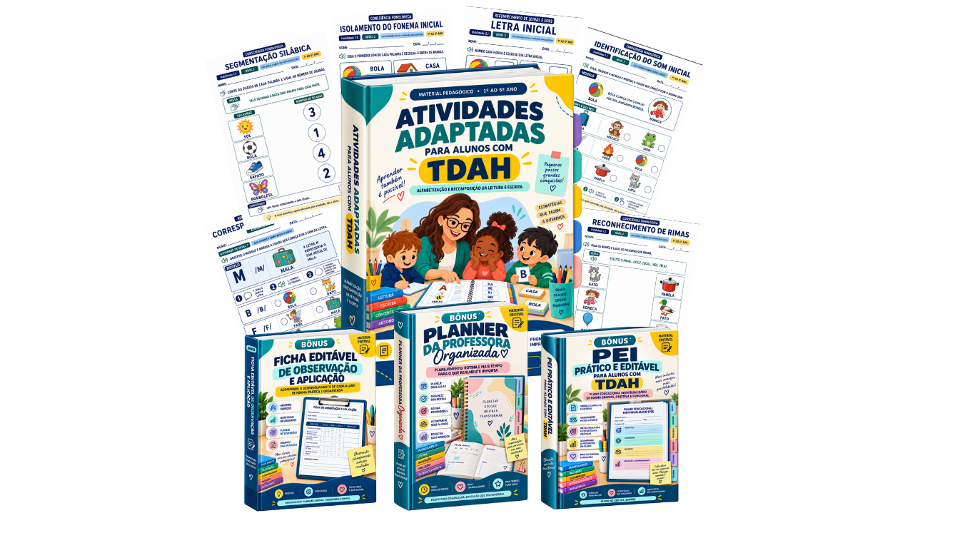 Kit de atividades adaptadas para alunos com TDAH com bônus e materiais imprimíveis