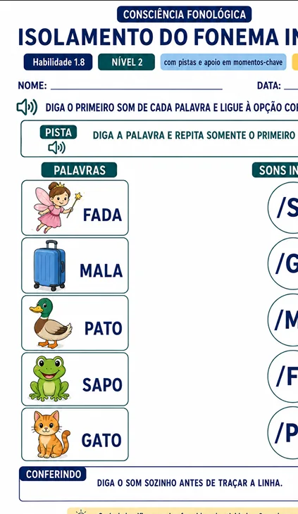 Atividade de associação de palavras e sons iniciais